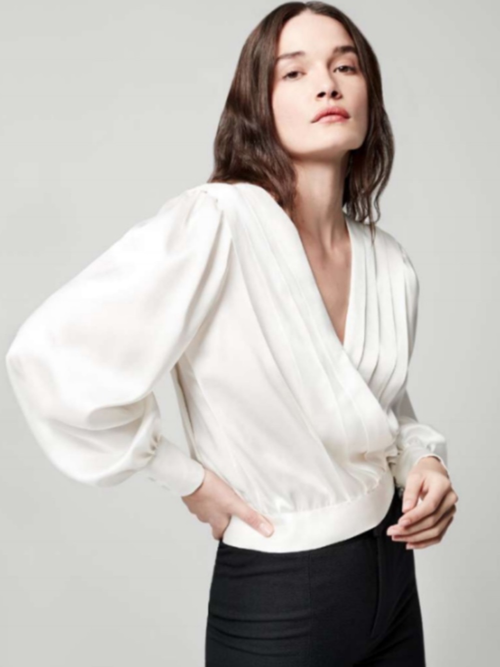 Smythe Pleated Crossover Blouse Ivory Satin S